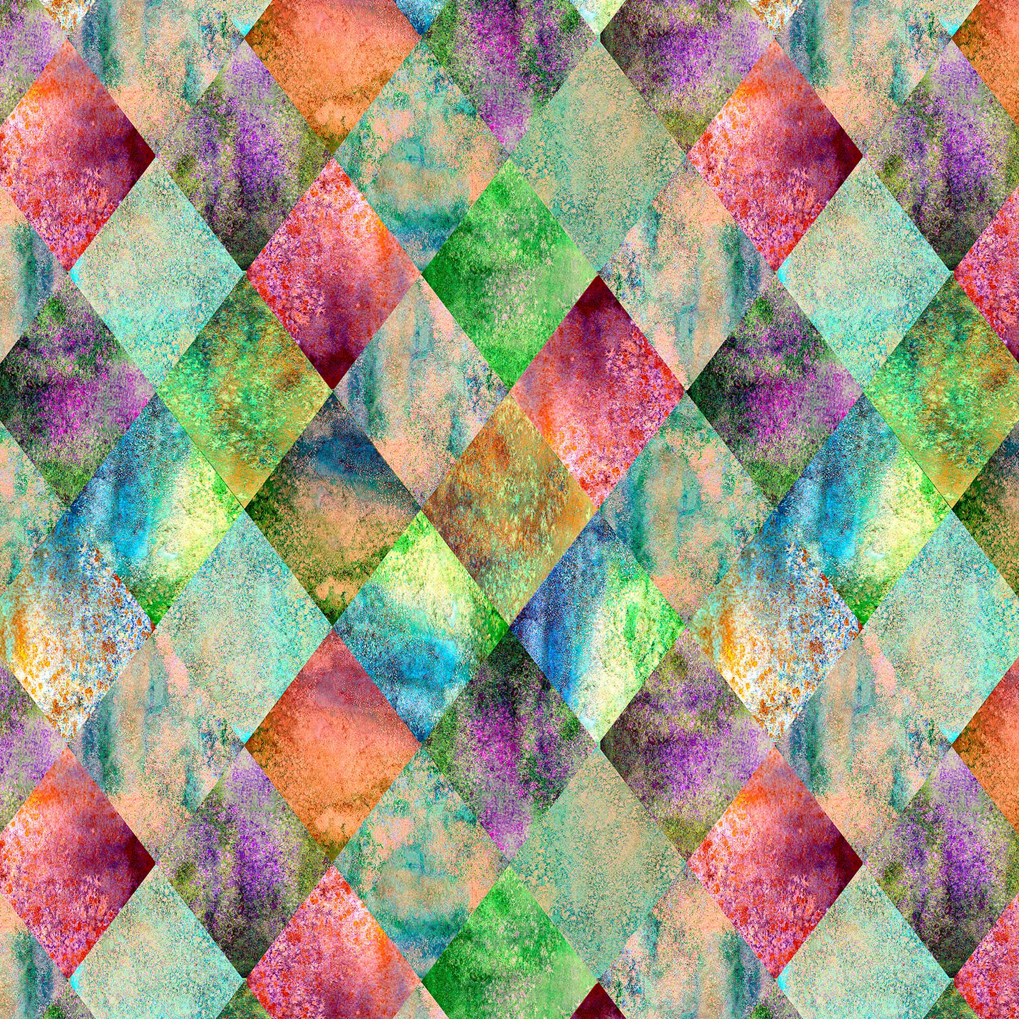 Close-up of a tissue paper design that features a multicolored watercolor harlequin pattern.