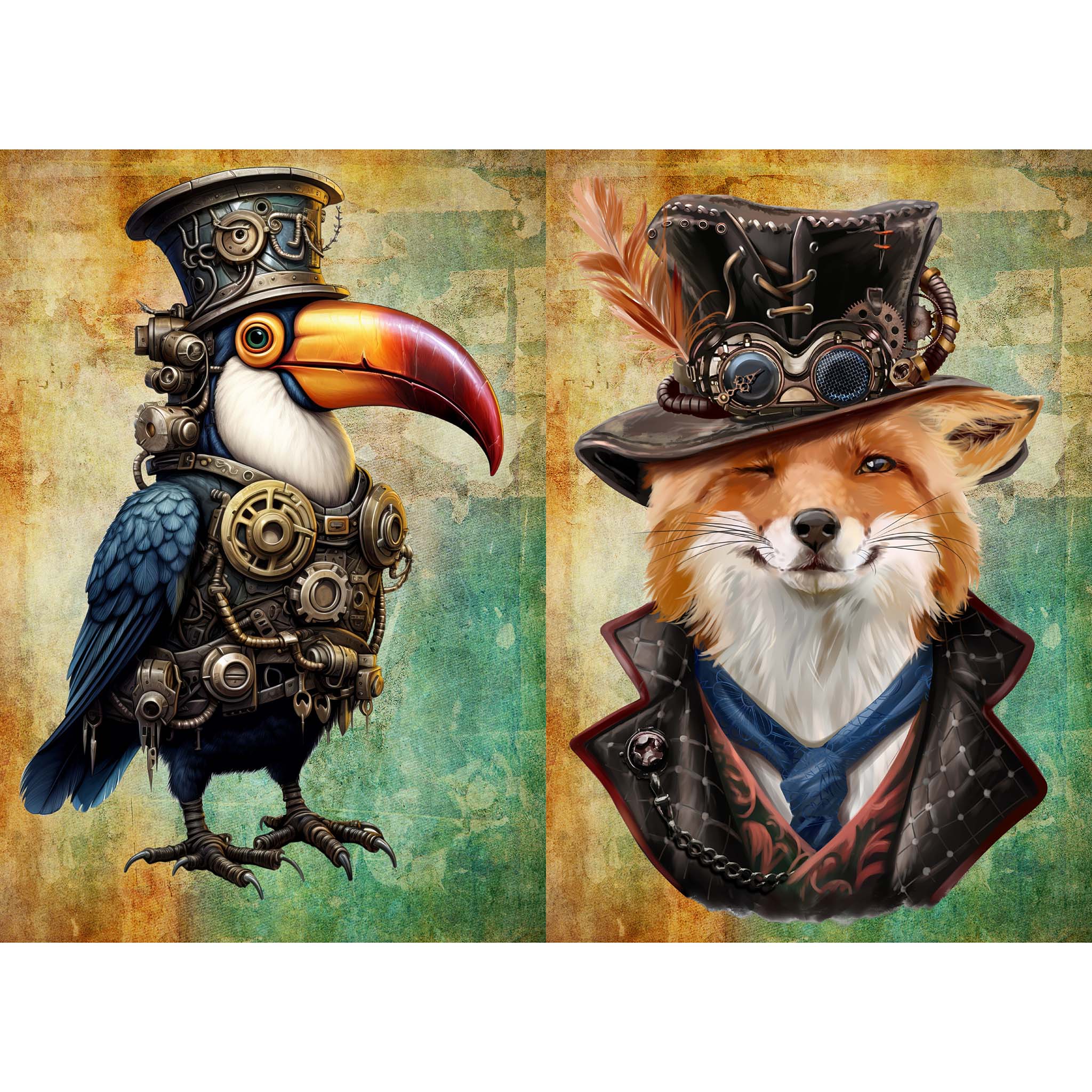Tissue paper featuring two full steampunk fashion designs of a parrot and fox adorned with gears and cogs. White borders are on the top and bottom.