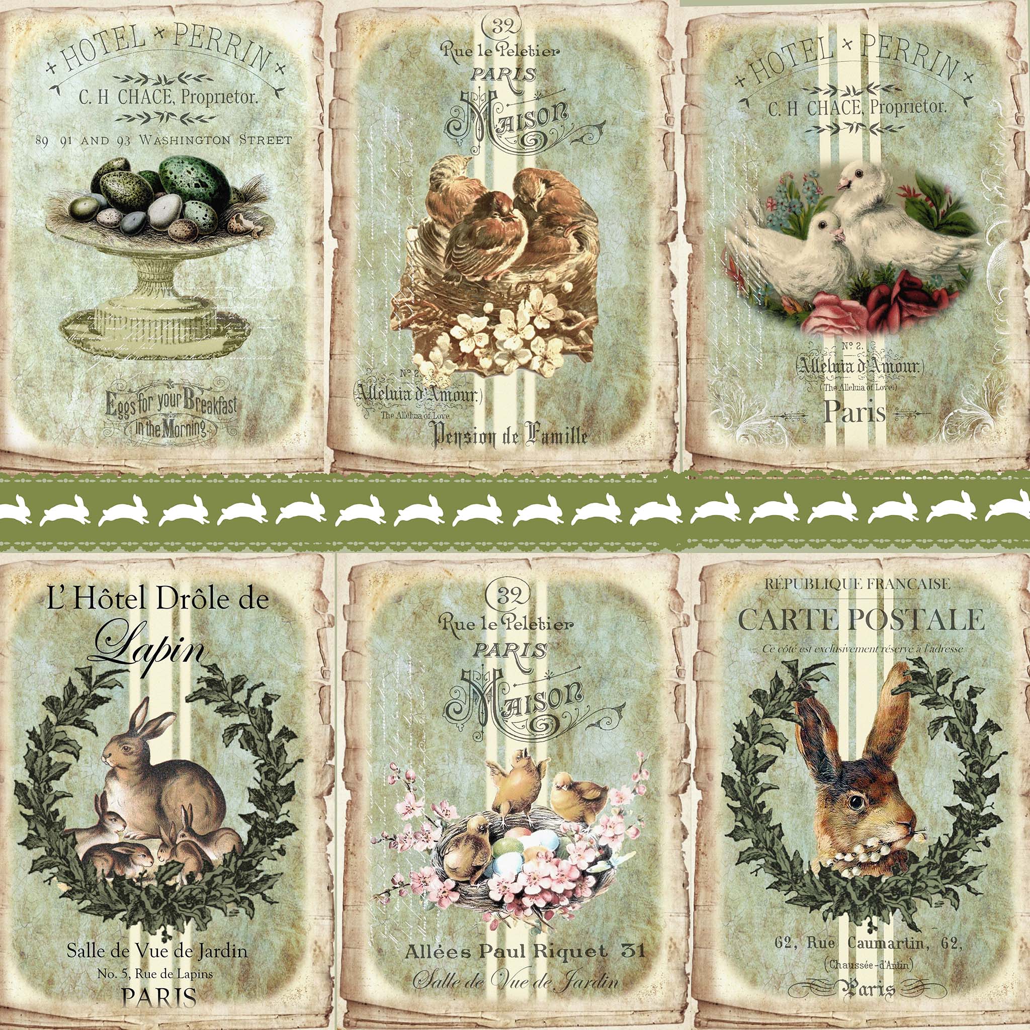 Close-up of a tissue paper design that features 6 out of 8 adorable images of birds, eggs, lambs, and bunnies on green backgrounds with French script.