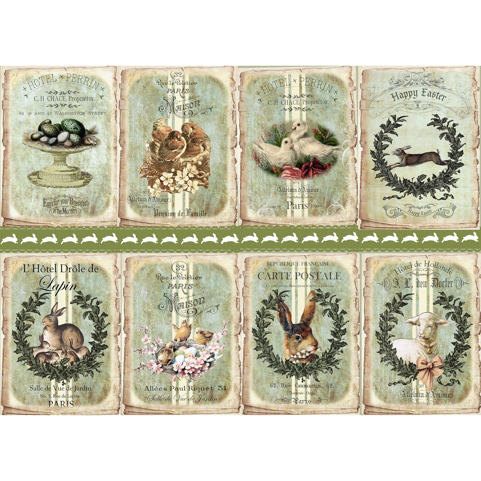 Tissue paper design that features 8 adorable images of birds, eggs, lambs, and bunnies on green backgrounds with French script. White borders are on the top and bottom.
