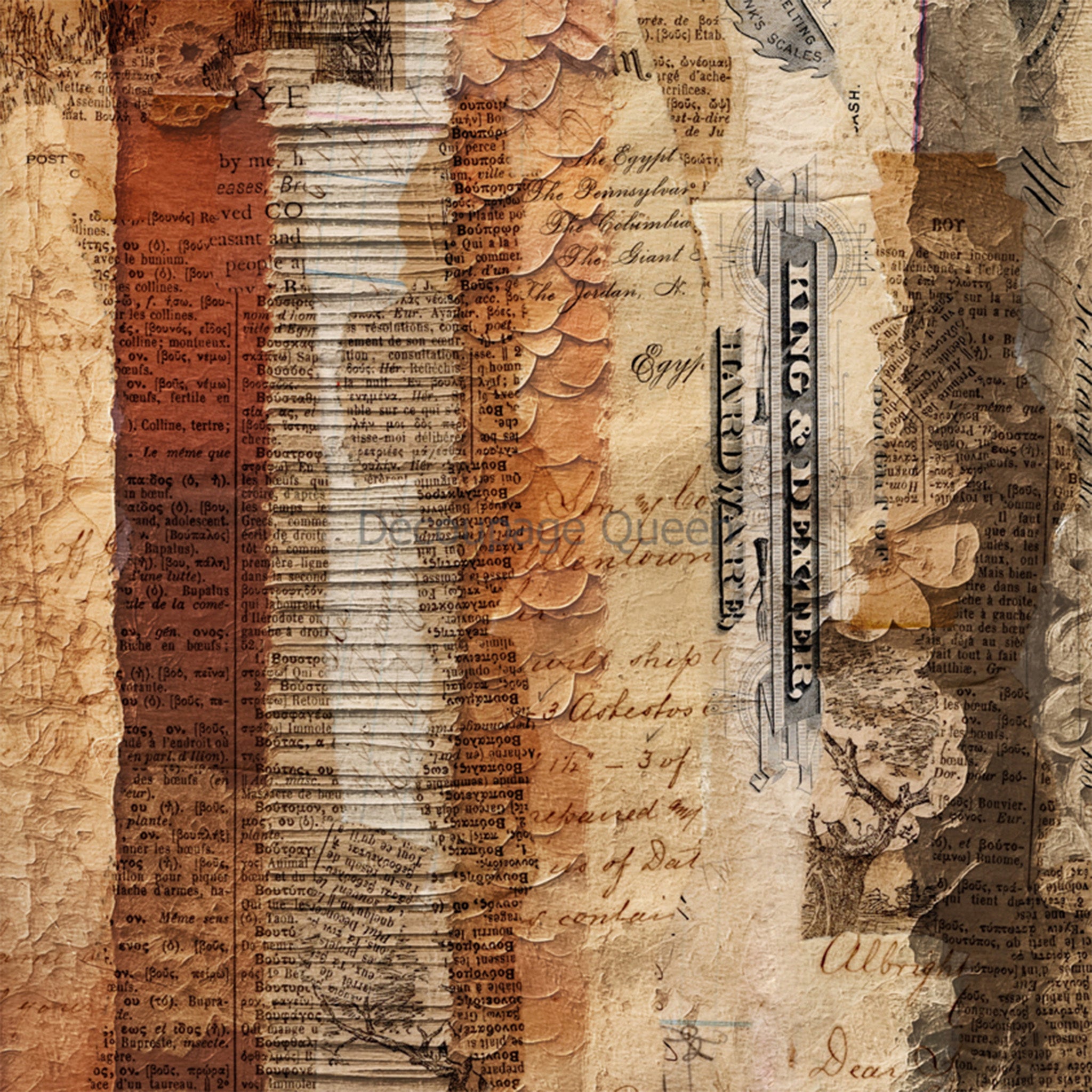 Close-up of a rice paper featuring a collage of sepia documents and faint paper flowers.