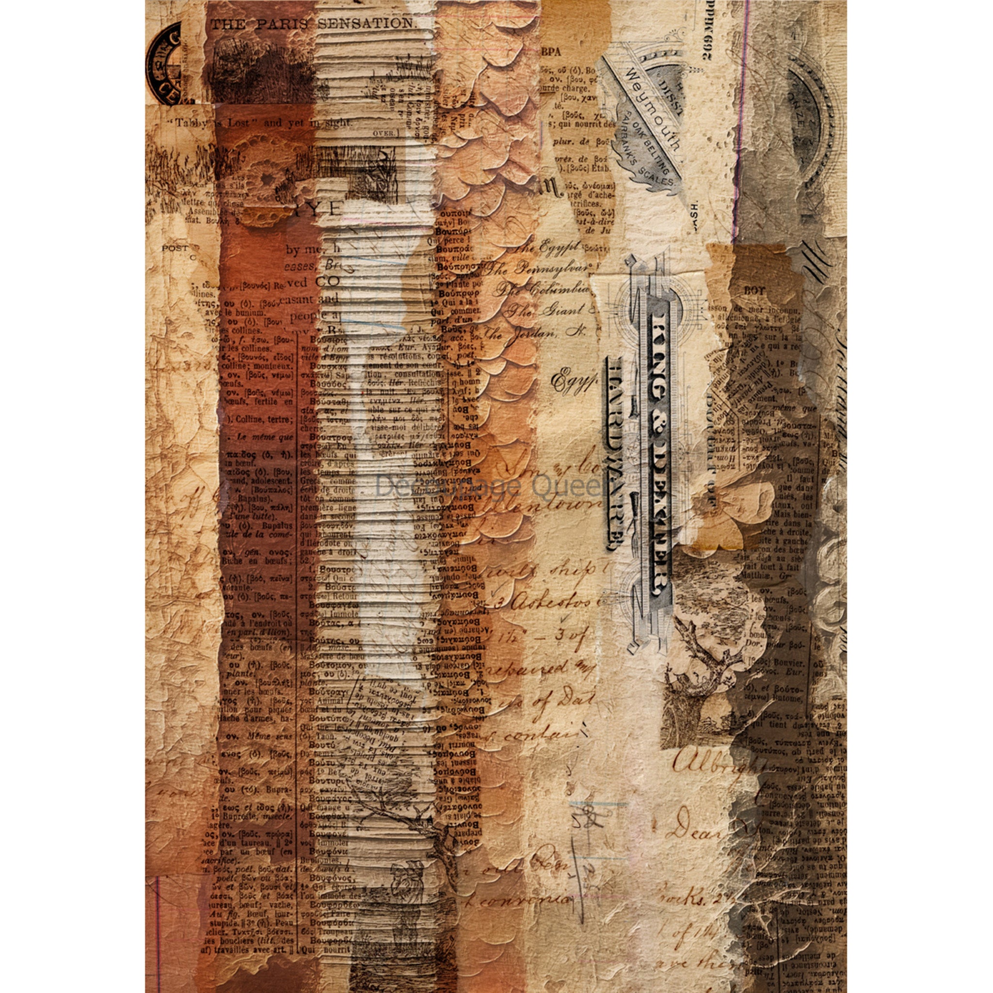 Rice paper featuring a collage of sepia documents and faint paper flowers. White borders are on the sides.