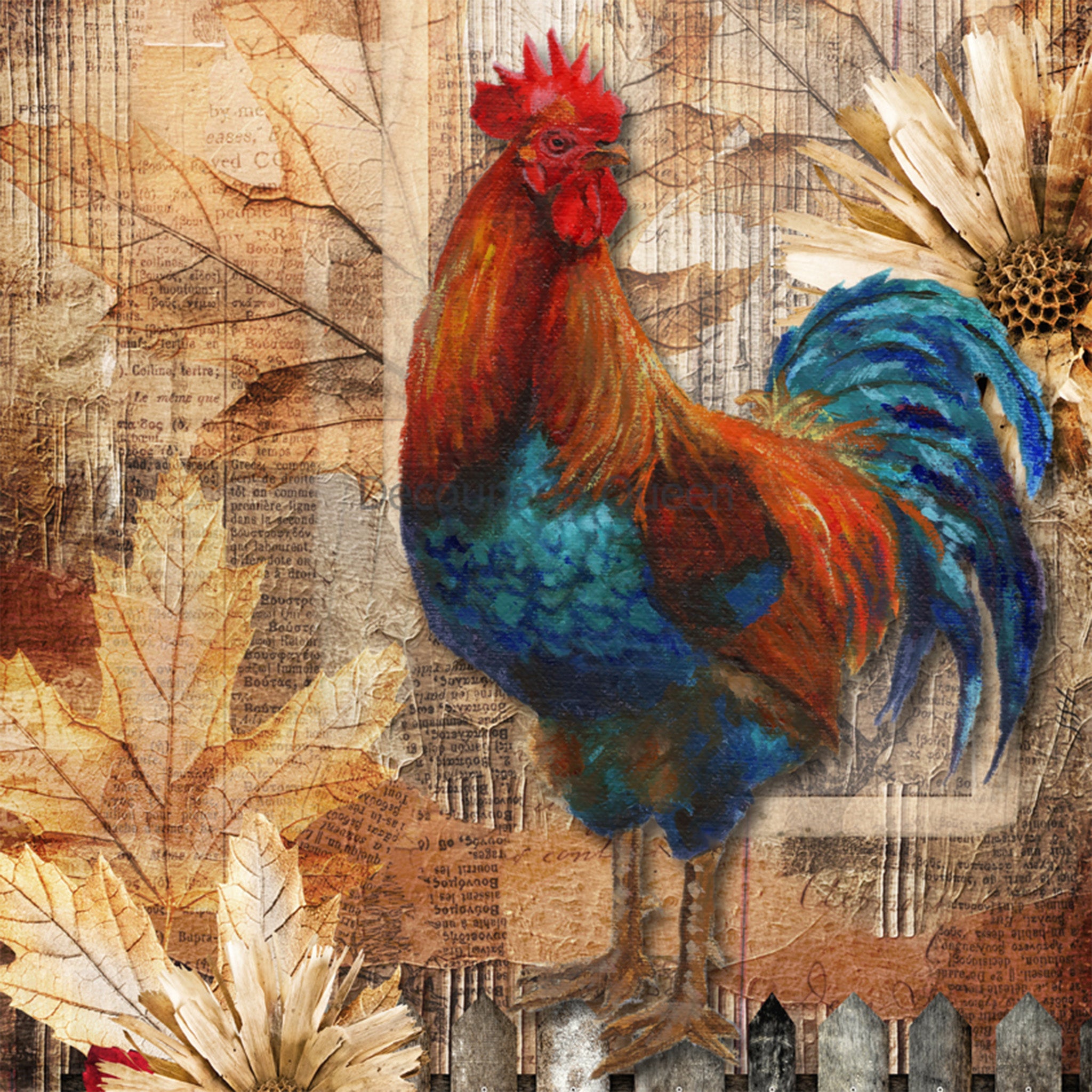 Close-up of a rice paper that features a bold orange and blue rooster against a collage of vintage newspapers, fall leaves, and a picket fence.