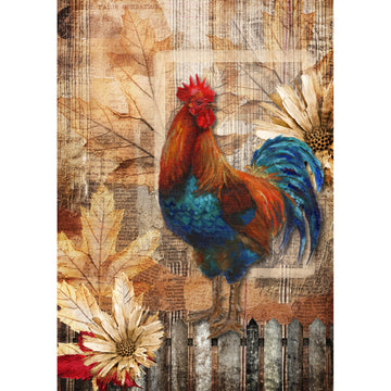 Rice paper that features a bold orange and blue rooster against a collage of vintage newspapers, fall leaves, and a picket fence. White borders are on the sides.