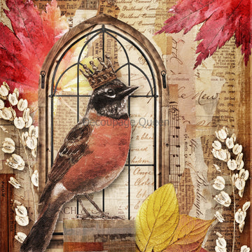 Close-up of a rice paper featuring a regal robin perched on an old window frame surrounded by autumn leaves and vintage documents.