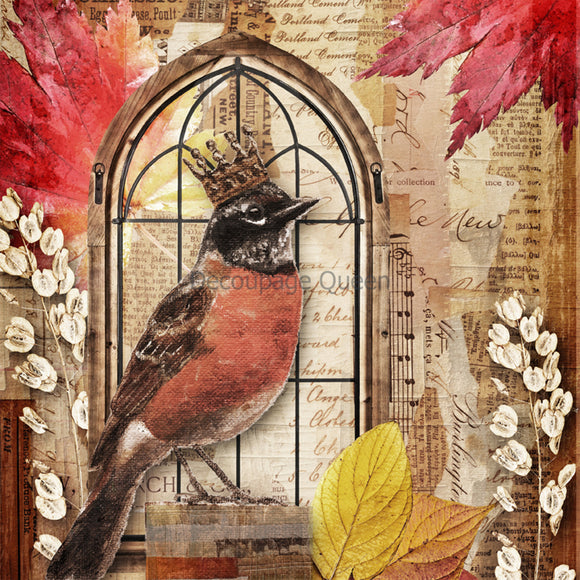 Close-up of a rice paper featuring a regal robin perched on an old window frame surrounded by autumn leaves and vintage documents.
