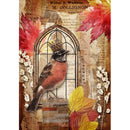 Rice paper featuring a regal robin perched on an old window frame surrounded by autumn leaves and vintage documents. White borders are on the sides.