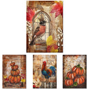 Rice paper designs featuring 4 unique autumnal images, from a robin in a window to a colorful rooster in front of sunflowers, and two designs with pumpkins are against a white background.