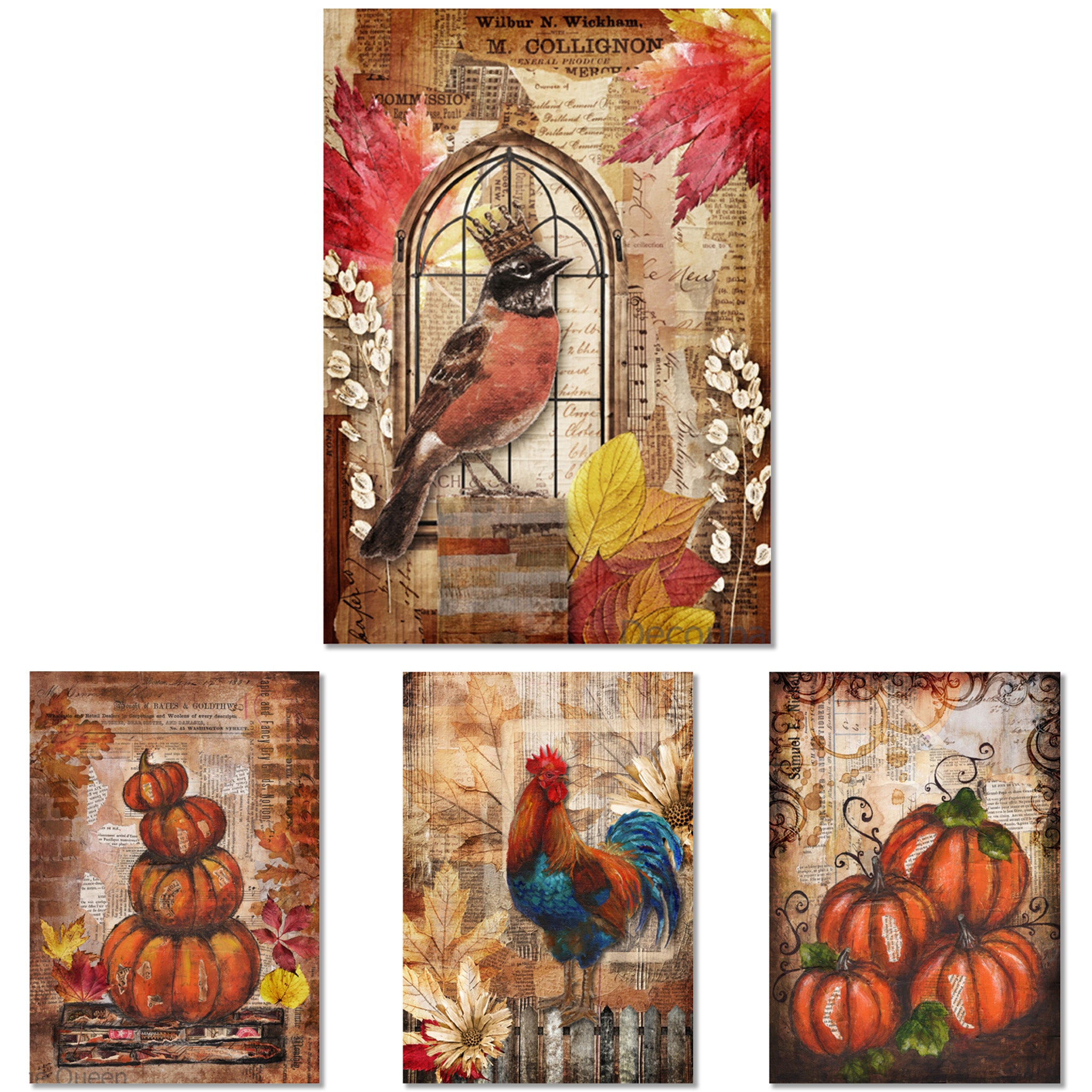 Rice paper designs featuring 4 unique autumnal images, from a robin in a window to a colorful rooster in front of sunflowers, and two designs with pumpkins are against a white background.