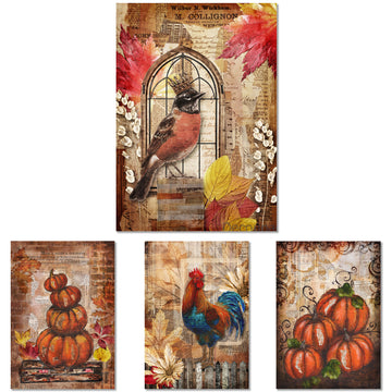Rice paper designs featuring 4 unique autumnal images, from a robin in a window to a colorful rooster in front of sunflowers, and two designs with pumpkins are against a white background.