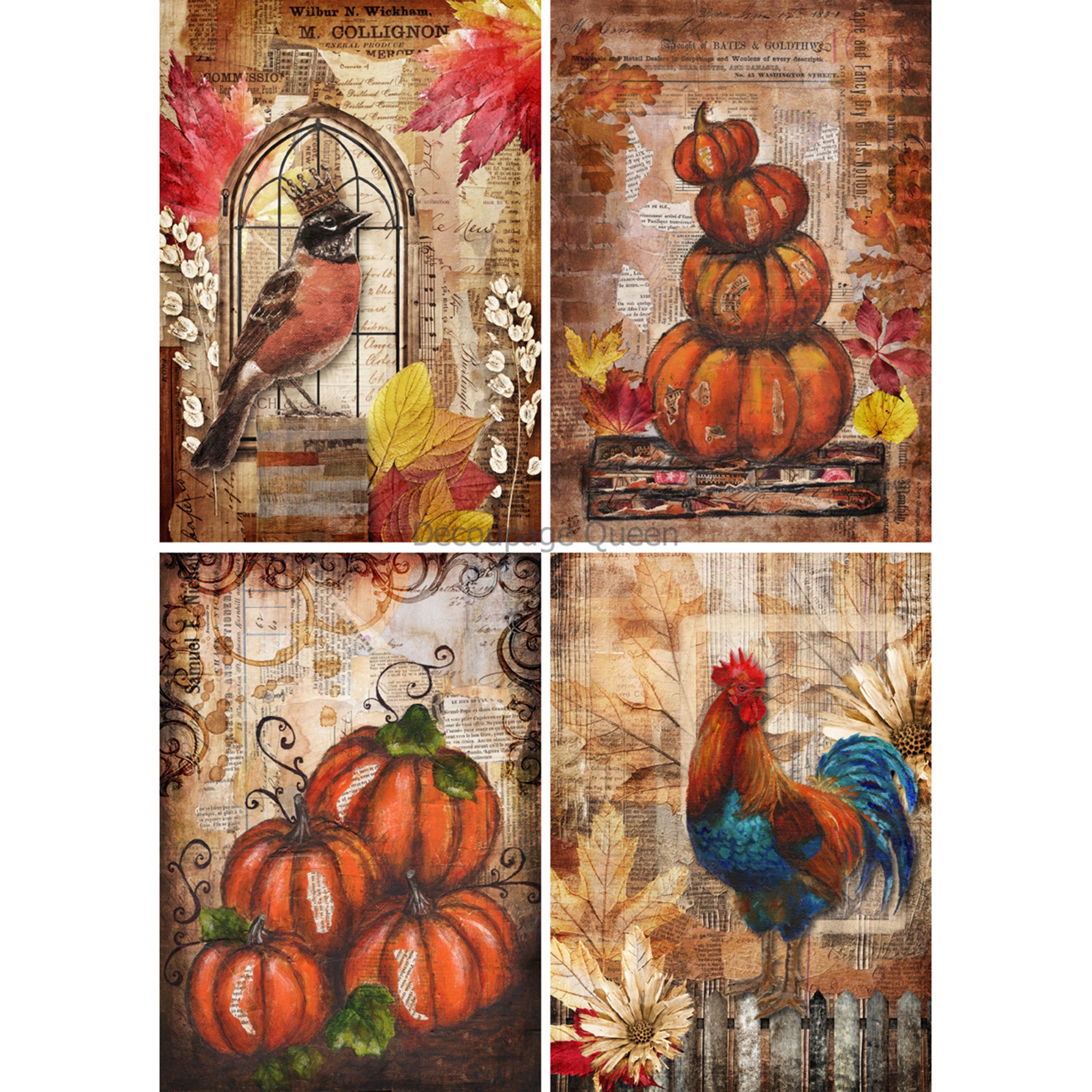 Rice paper design featuring 4 unique autumnal images, from a robin in a window to a colorful rooster in front of sunflowers, and two designs with pumpkins. White border are on the sides.