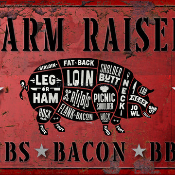 Close-up of a rice paper featuring a red metal sign with a farm pig diagram of the cuts of meat and text reading: Farm raised ribs, bacon, BBQ.