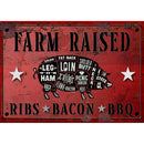 Rice paper featuring a red metal sign with a farm pig diagram of the cuts of meat and text reading: Farm raised ribs, bacon, BBQ. White borders are on the top and bottom.