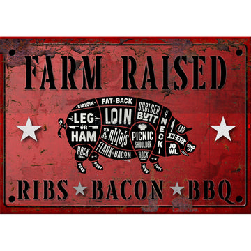 Rice paper featuring a red metal sign with a farm pig diagram of the cuts of meat and text reading: Farm raised ribs, bacon, BBQ. White borders are on the top and bottom.