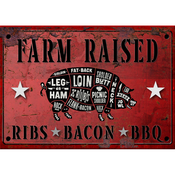 Rice paper featuring a red metal sign with a farm pig diagram of the cuts of meat and text reading: Farm raised ribs, bacon, BBQ. White borders are on the top and bottom.