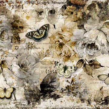 Close-up of a rice paper design that features vintage sepia colored magazine parchment with roses and butterflies.