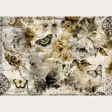 Rice paper design that features vintage sepia colored magazine parchment with roses and butterflies. White borders are on the top and bottom.