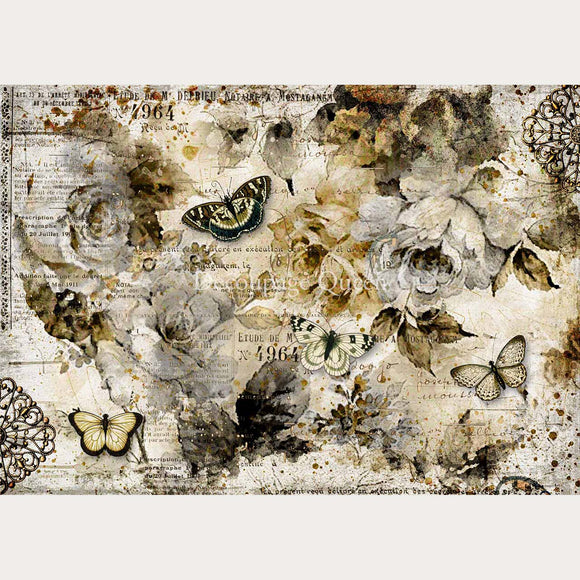 Rice paper design that features vintage sepia colored magazine parchment with roses and butterflies. White borders are on the top and bottom.