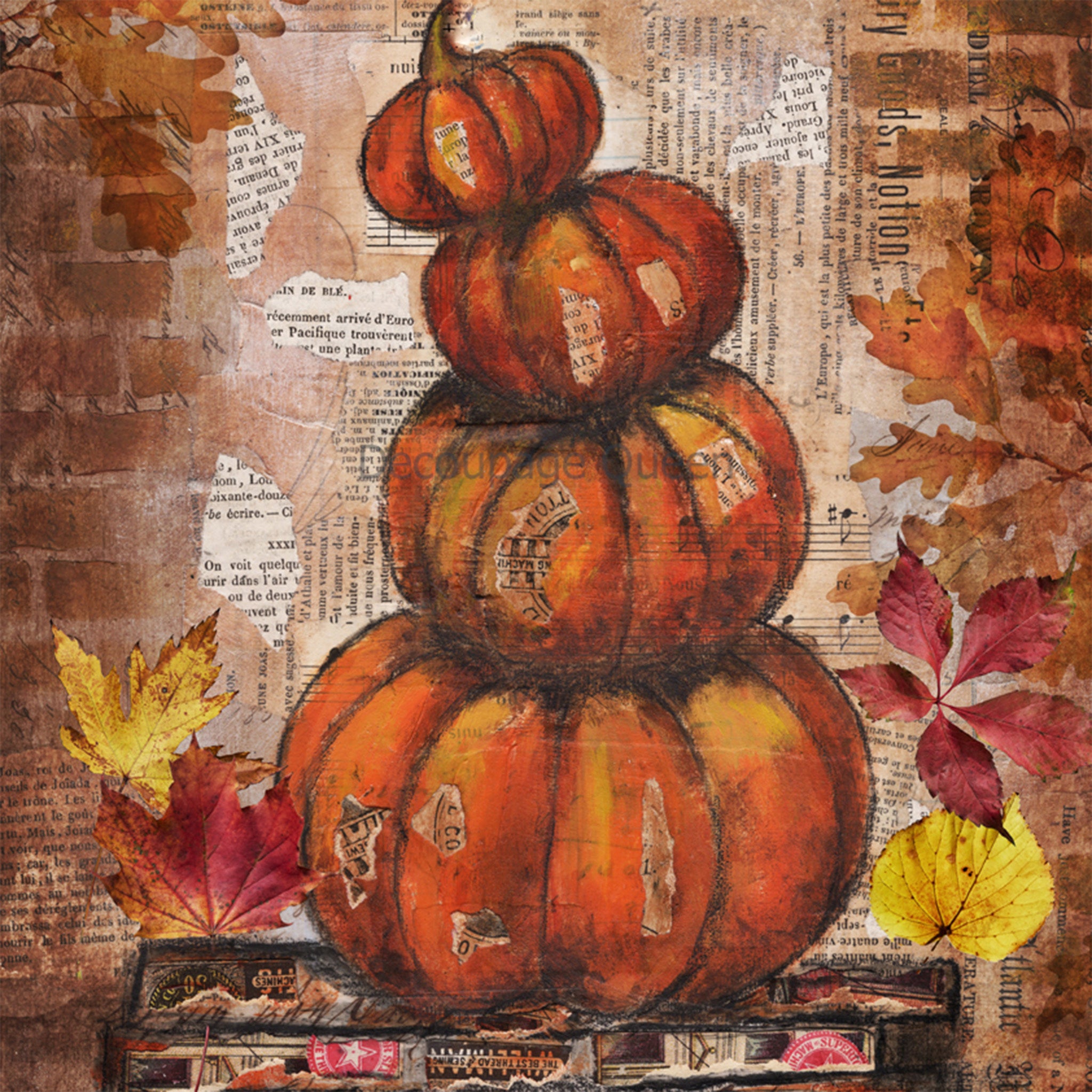 Close-up of a rice paper design featuring a stack of pumpkins and fall leaves set against a backdrop of vintage documents. 