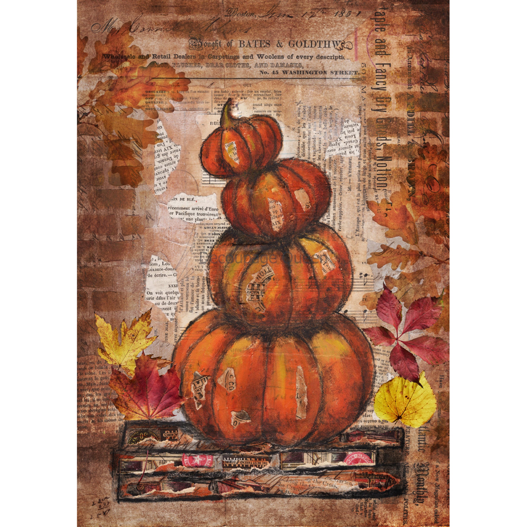 Rice paper design featuring a stack of pumpkins and fall leaves set against a backdrop of vintage documents. White borders are on the sides.