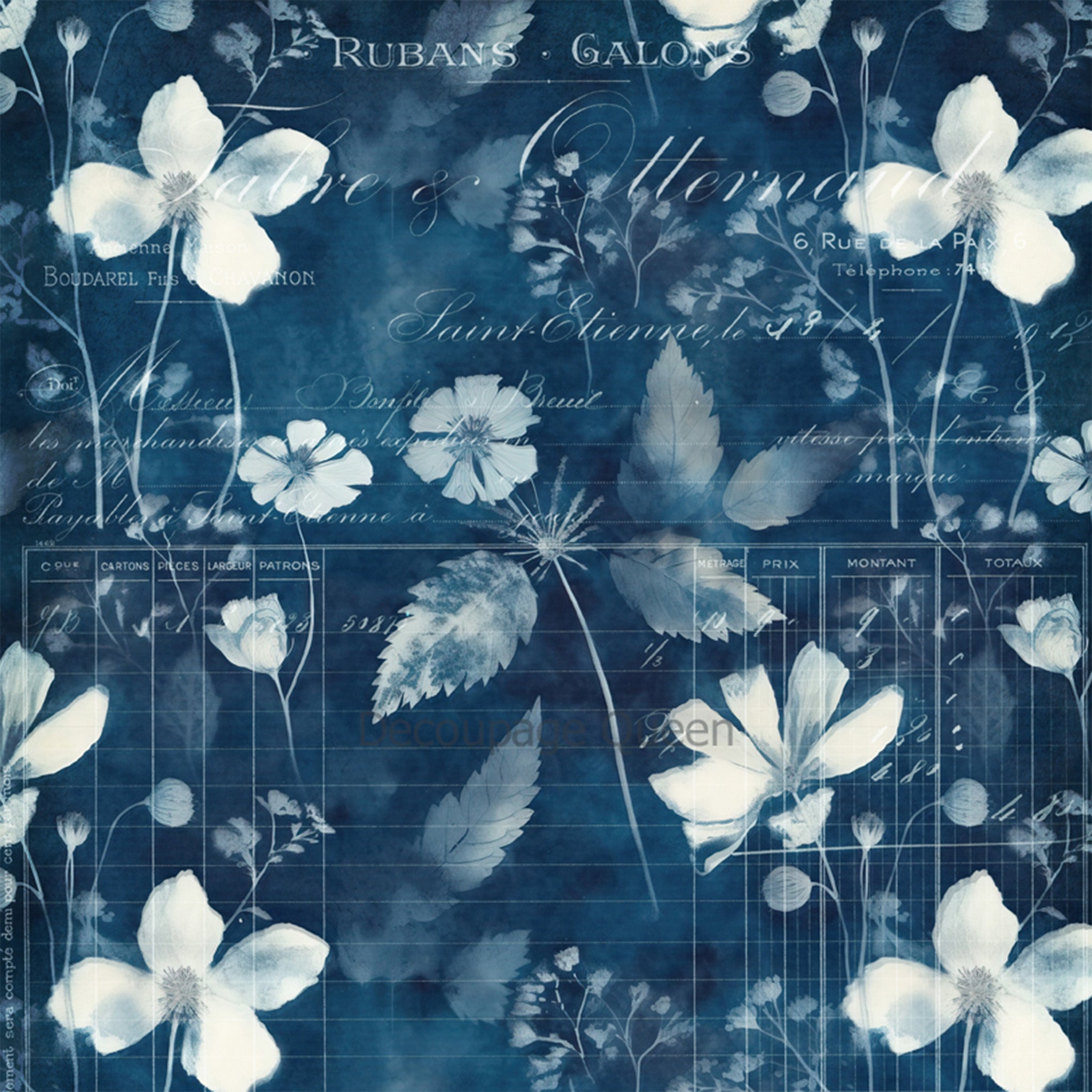 Close-up of a rice paper design that features a stylish blue backdrop and elegant white floral print.