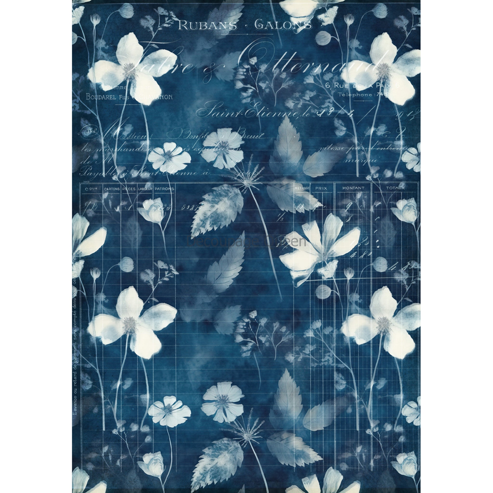 Rice paper design that features a stylish blue backdrop and elegant white floral print.  White borders are on the sides.