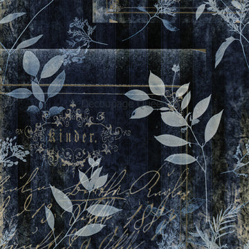 Close-up of a rice paper design featuring a midnight blue subtly striped backdrop and gentle blue foliage design.