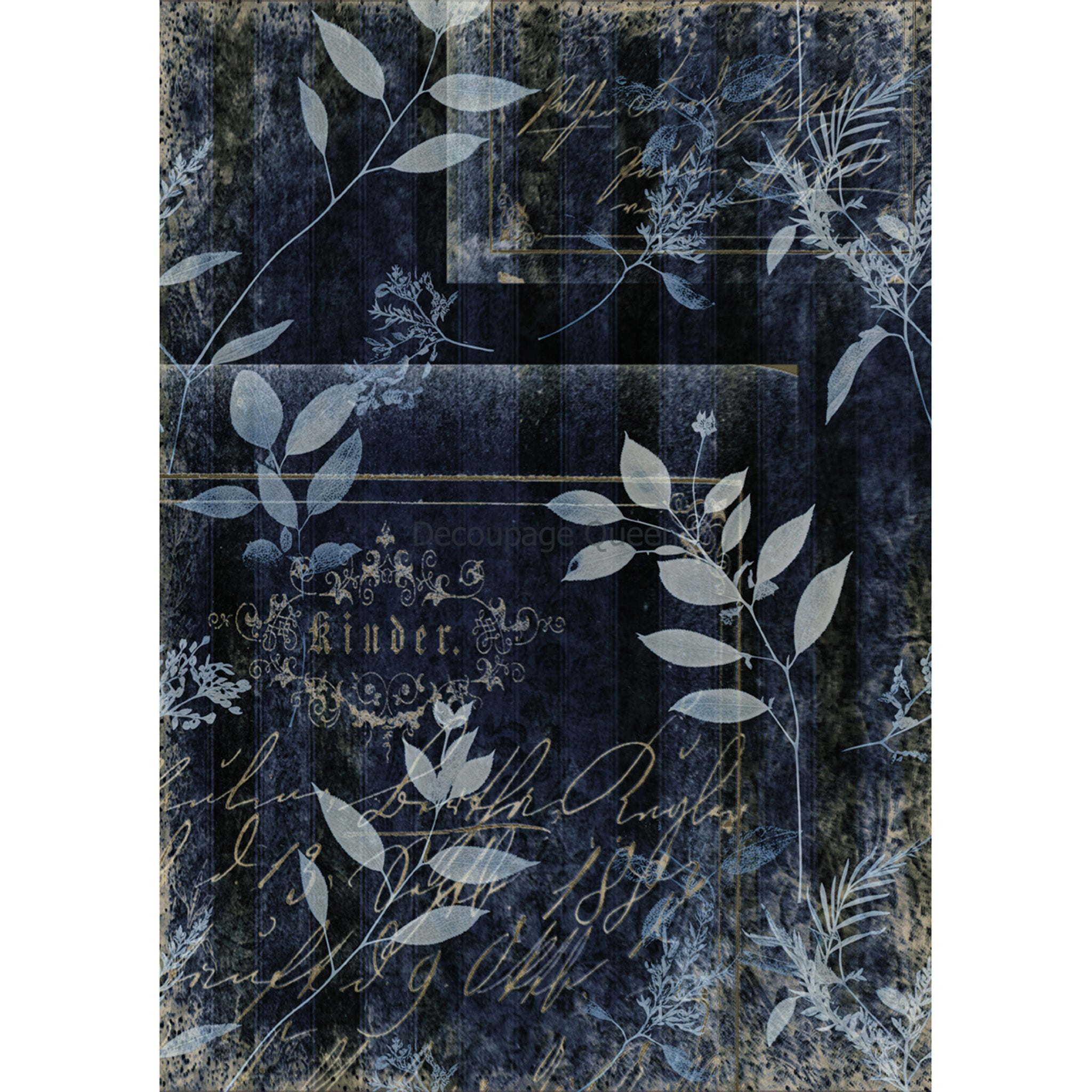 Rice paper design featuring a midnight blue subtly striped backdrop and gentle blue foliage design. White borders are on the sides.