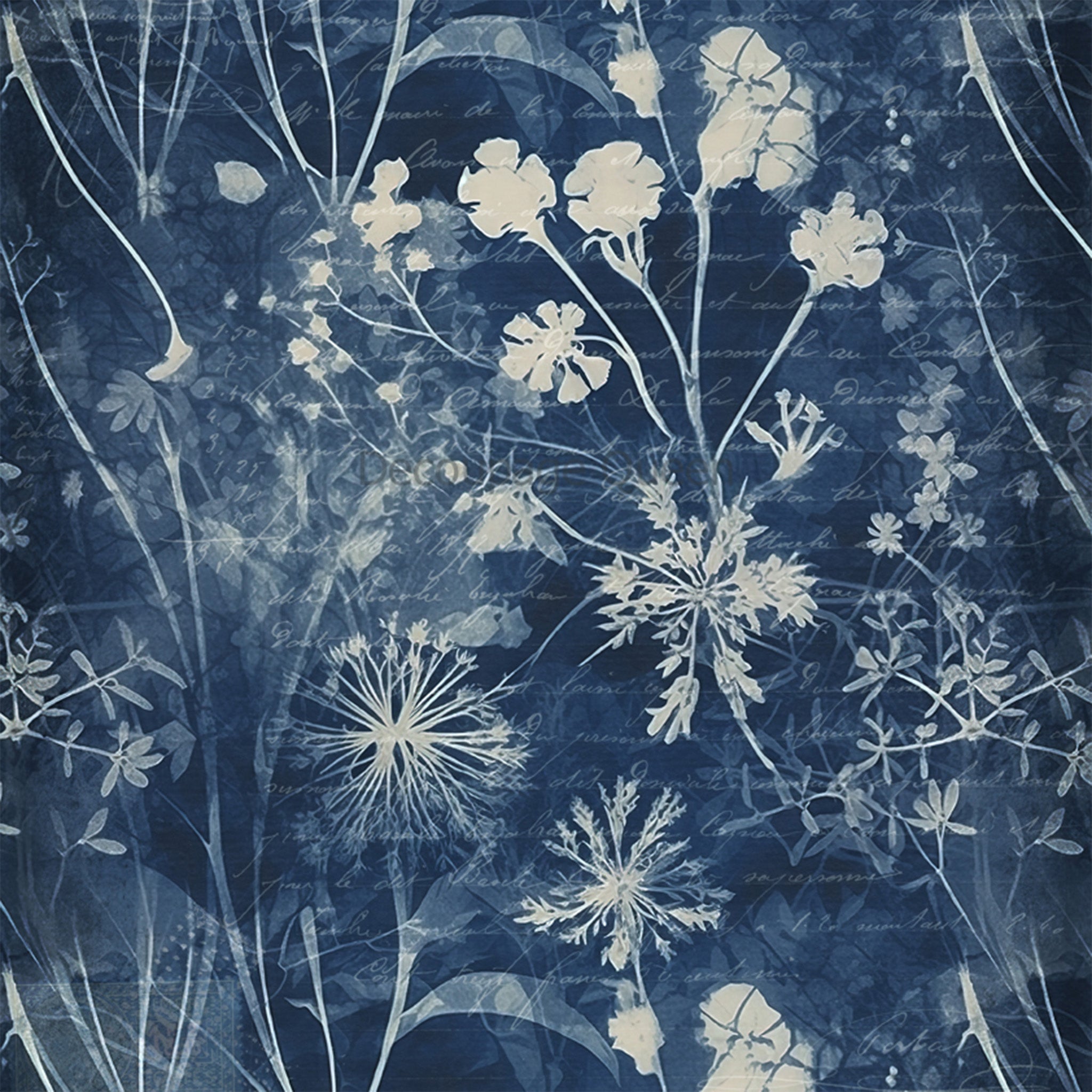 Close-up of a rice paper design featuring an ethereal blue background and dainty floral pattern.