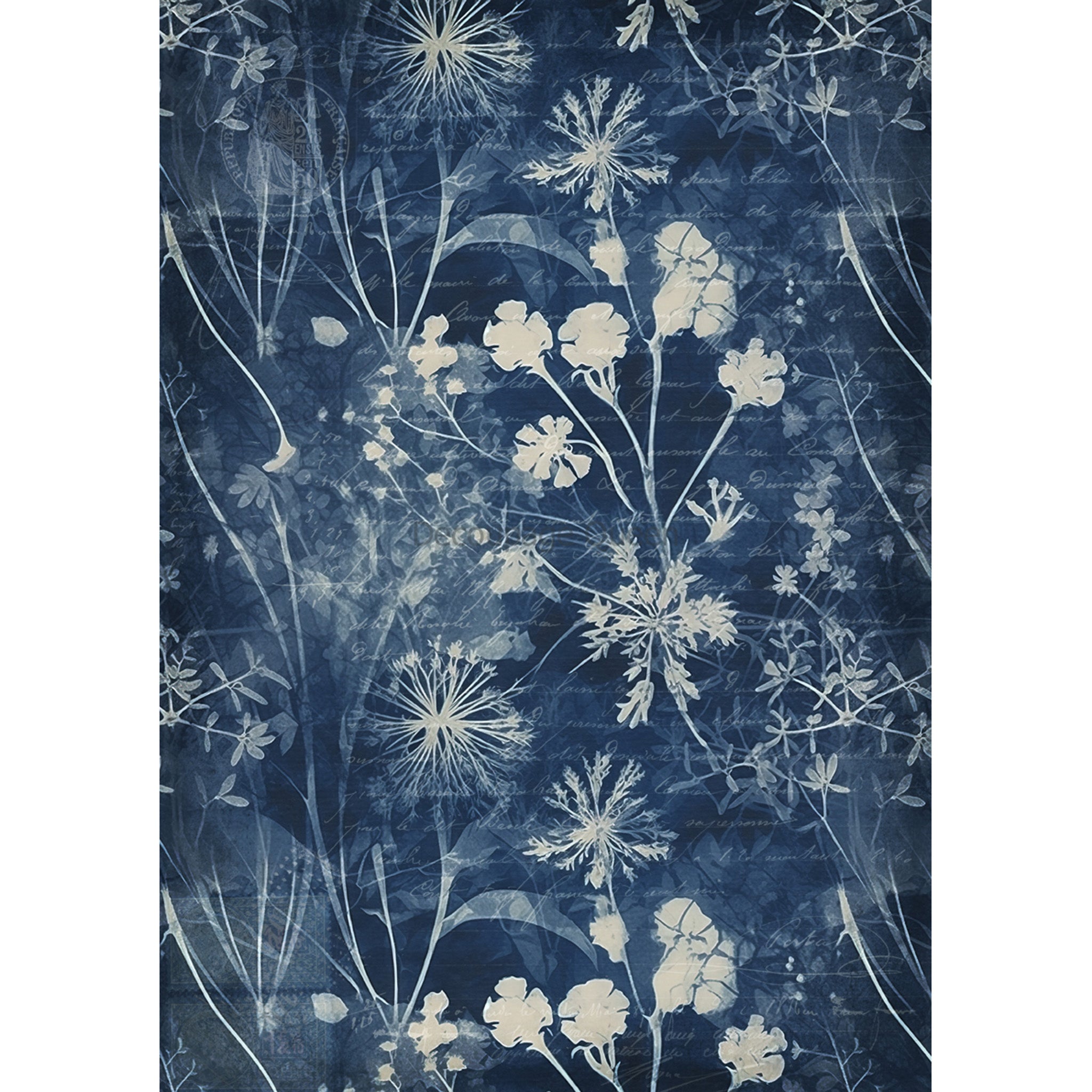 Rice paper design featuring an ethereal blue background and dainty floral pattern. White borders are on the sides.