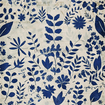 Close-up of a rice paper design that features a creamy canvas with faint print that serves as the perfect background for the striking blue floral and leaves pattern.