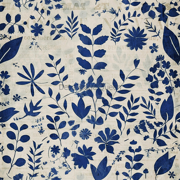 Close-up of a rice paper design that features a creamy canvas with faint print that serves as the perfect background for the striking blue floral and leaves pattern.