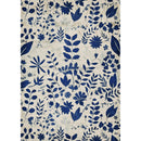 Rice paper design that features a creamy canvas with faint print that serves as the perfect background for the striking blue floral and leaves pattern. White borders are on the sides.