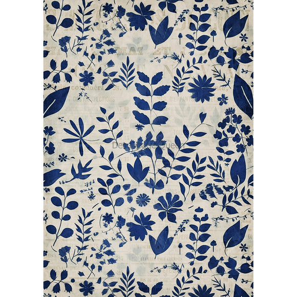 Rice paper design that features a creamy canvas with faint print that serves as the perfect background for the striking blue floral and leaves pattern. White borders are on the sides.