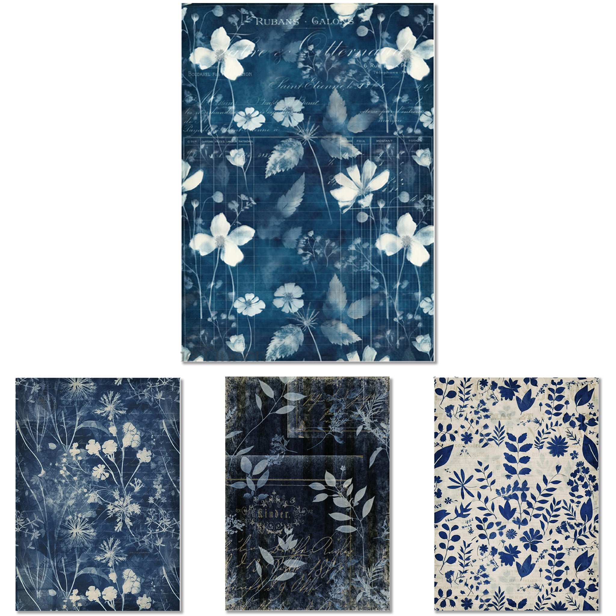 Four sheets of rice papers that feature small florals and foliage against blue and soft white backdrops are against a white background.