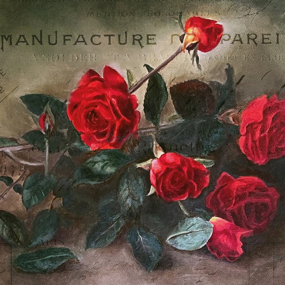 Close-up of a rice paper design featuring a small pile of red roses against a moody vintage background. 