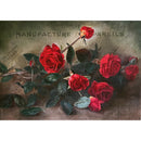 Rice paper design featuring a small pile of red roses against a moody vintage background. White borders are on the top and bottom.