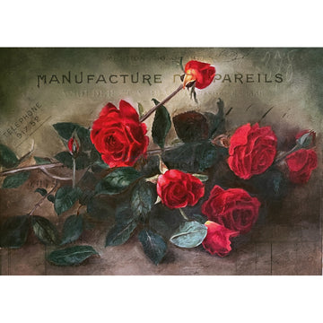 Rice paper design featuring a small pile of red roses against a moody vintage background. White borders are on the top and bottom.