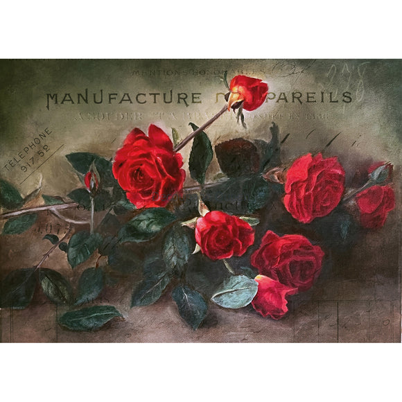 Rice paper design featuring a small pile of red roses against a moody vintage background. White borders are on the top and bottom.