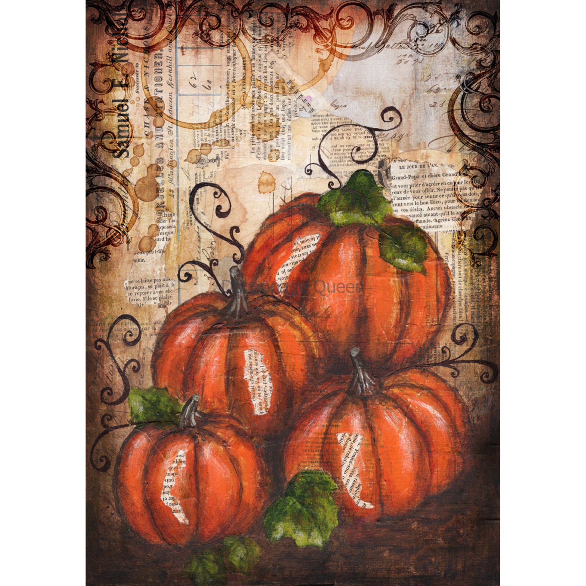 Rice paper featuring painted pumpkins and vintage documents in sepia tones. White borders are on the sides.