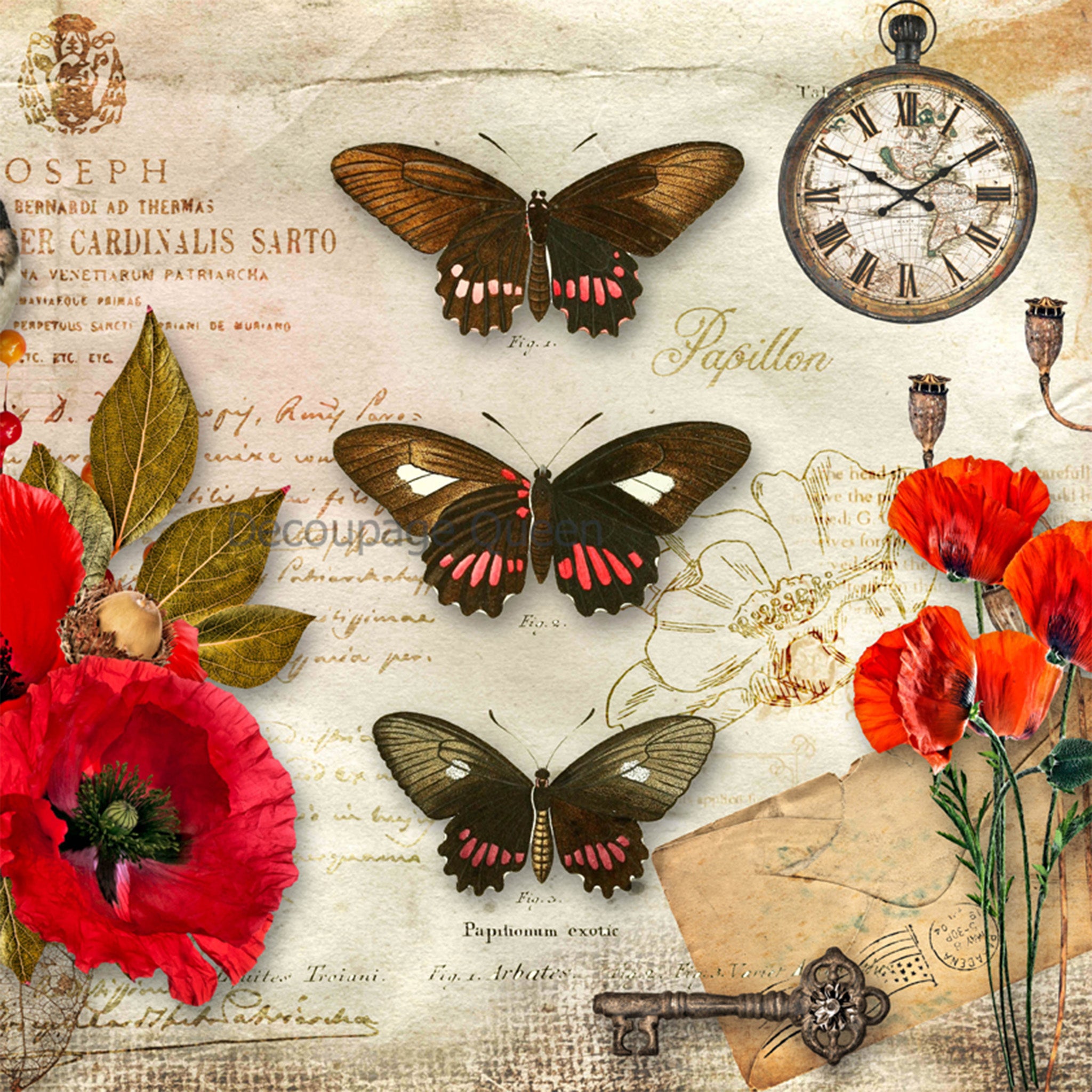 Papillon Poppies - A4 Rice Decoupage Paper - Decoupage Queen | Maika ...