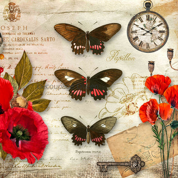 Close-up of a rice paper featuring a vintage French document with bold red poppies, fluttering butterflies, a charming bird, a classic pocket watch, and an old-fashioned key.