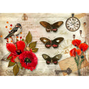 Rice paper featuring a vintage French document with bold red poppies, fluttering butterflies, a charming bird, a classic pocket watch, and an old-fashioned key. White borders are on the top and bottom.
