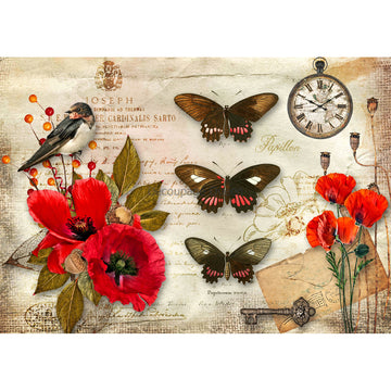 Rice paper featuring a vintage French document with bold red poppies, fluttering butterflies, a charming bird, a classic pocket watch, and an old-fashioned key. White borders are on the top and bottom.