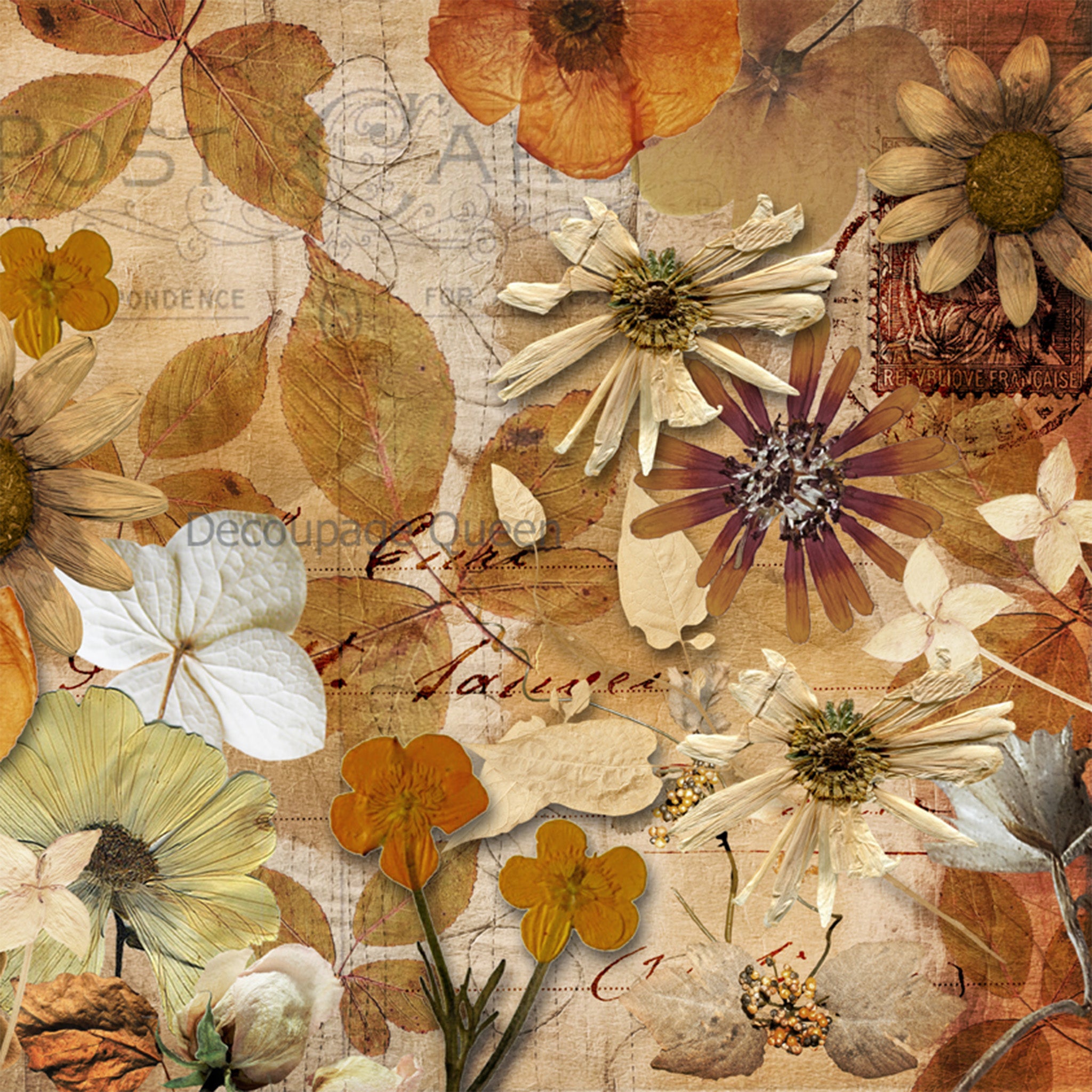 Close-up of a rice paper featuring a sepia toned design of dried and pressed flowers on top of vintage documents.