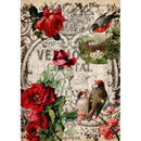 Rice paper design that features a vintage document with lovely birds and sophisticated red roses. White borders are on the sides.