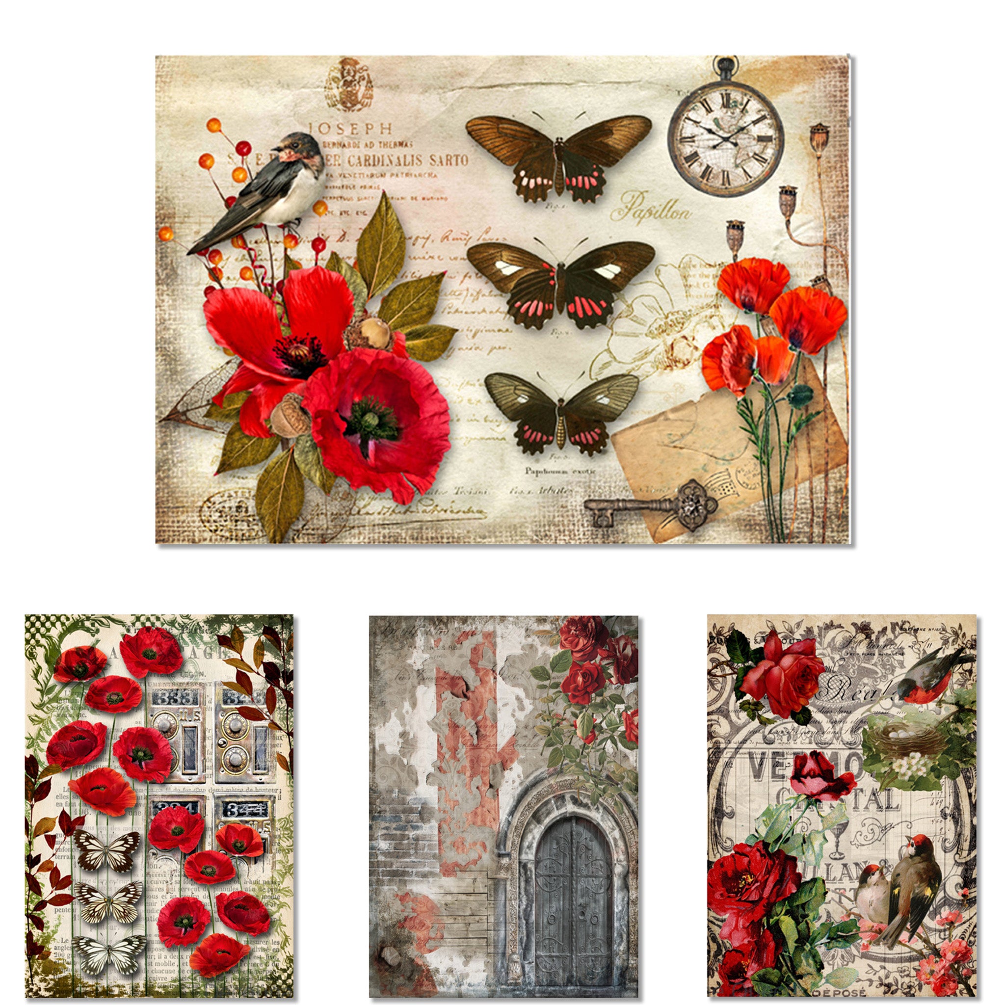 Rice papers against a white background that feature 4 vintage designs of documents and gorgeous red roses and poppies, accented with fluttering butterflies and birds. 