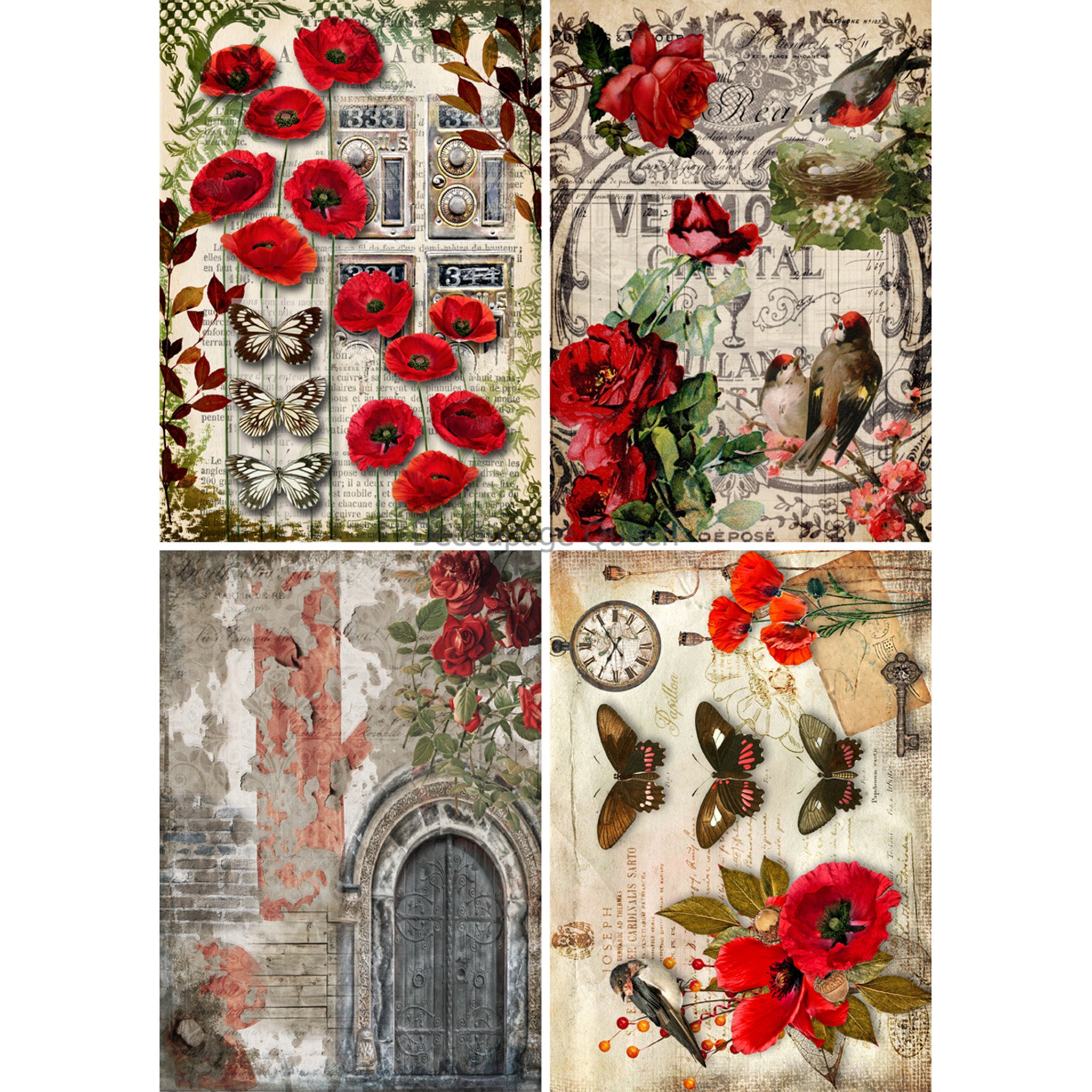 Rice paper that features 4 vintage designs of documents and gorgeous red roses and poppies, accented with fluttering butterflies and birds. White borders are on the sides.