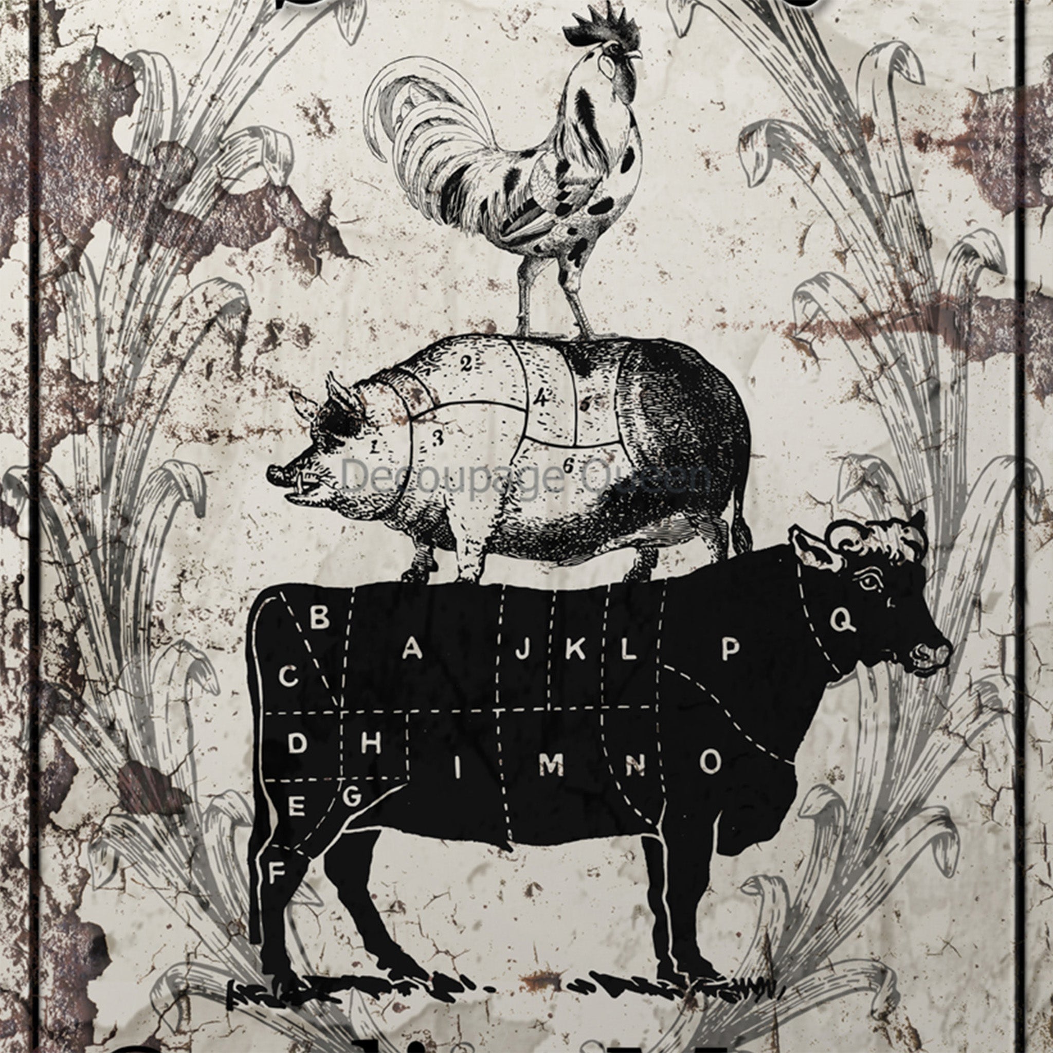 Close-up of a rice paper design that features a charming sign with a rooster, pig, and cow, inside the words Smith's Quality Meats. 