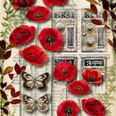 Close-up of a rice paper featuring bright red poppies and butterflies against a vintage magazine background.